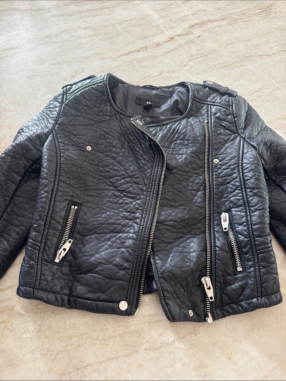 H&M Black Quilted Faux Leather Moto Jacket with Silver Hardware